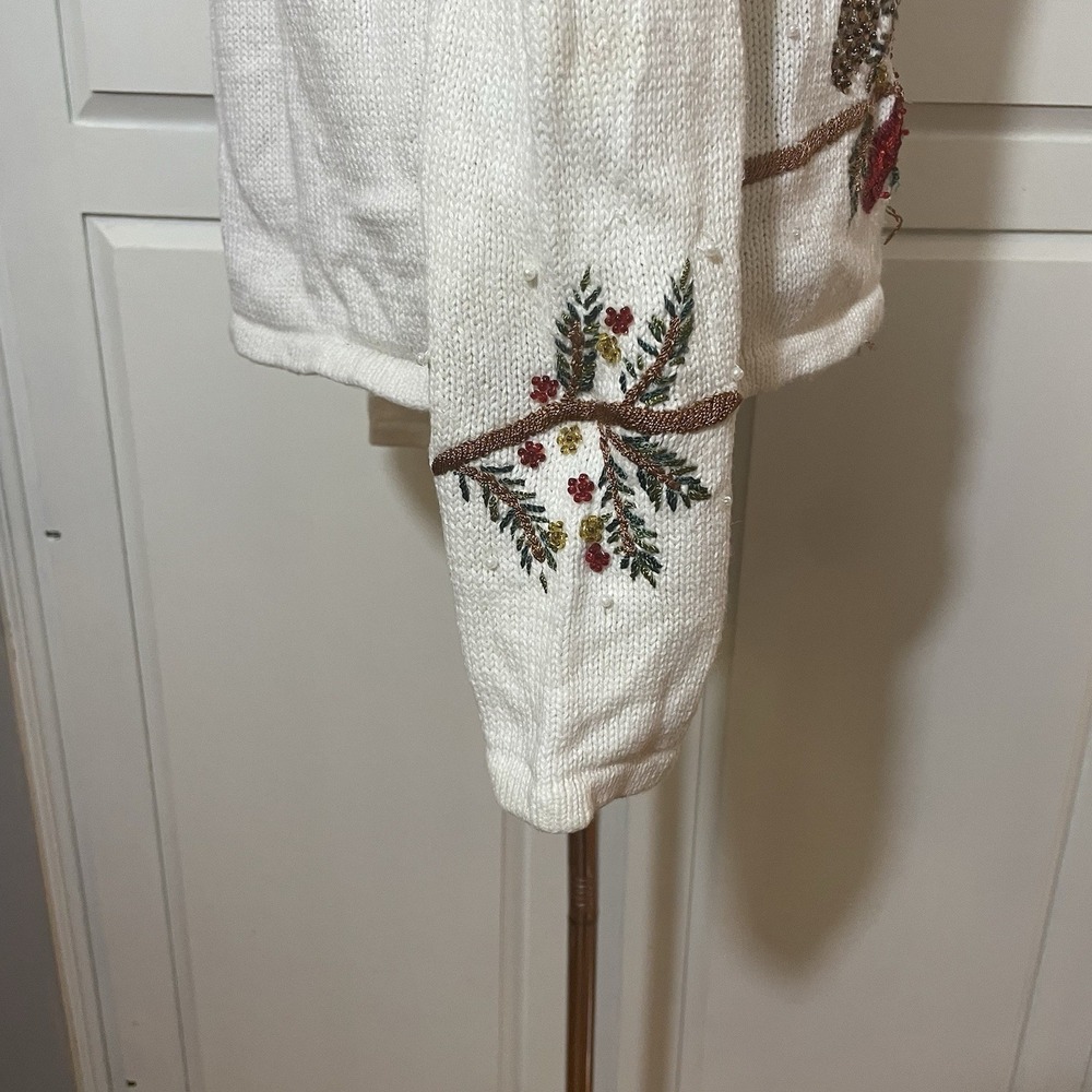 Tiara International Sweater Jacket Women M P  Ivory Cotton Knit‎ Sequin Full-Zip - Picture 7 of 11